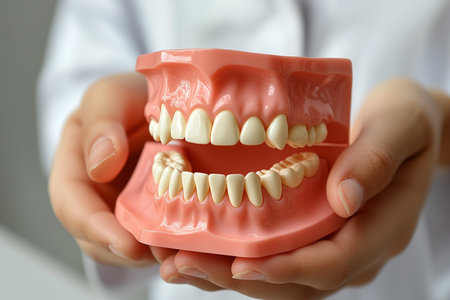 Dentist holding model of teeth, closeup. Dentistry conceptの素材