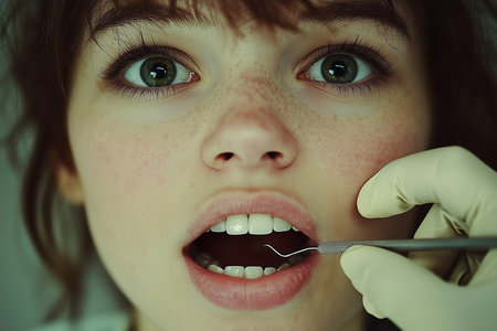 Closeup of a woman having her teeth examined by a dentist.の素材
