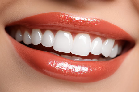 Beautiful woman smile with white teeth. Closeup of female mouth with clean healthy teeth. Teeth whitening conceptの素材