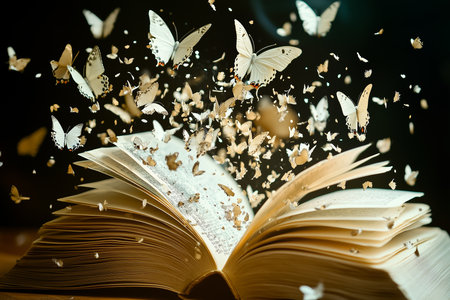 Opened book with flying butterflies on bokeh background, education conceptの素材