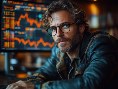 Portrait of a handsome mature man in eyeglasses looking at the camera while sitting in front of a computer monitor with stock market data.の素材