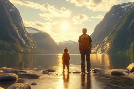 Father and daughter standing on the shore of fjord in Norway.の素材
