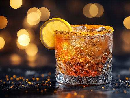 Cocktail with ice and lemon on a dark background. Alcoholic drink.の素材