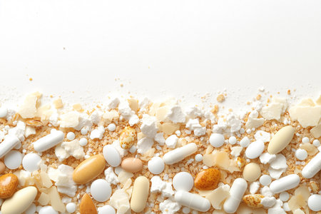 Pile of pills on white background, top view. Space for textの素材