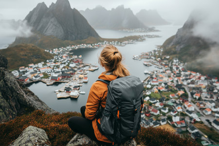 Woman with a backpack sits on a rock and looks at the city of Lofoten in Norway.の素材