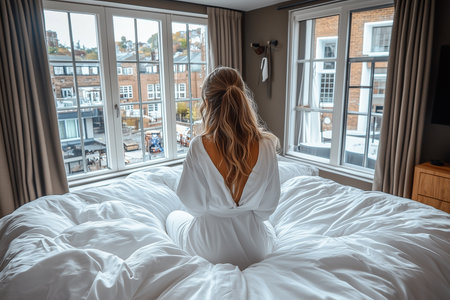 Young woman in white bathrobe sitting on the bed in the morningの素材