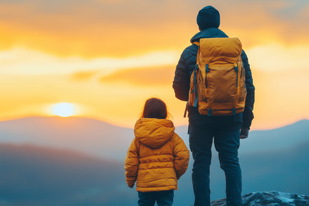 father and little daughter hiking in mountains at sunset. family travel conceptの素材