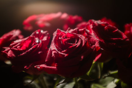 Bouquet of red roses with water drops on the petalsの写真素材