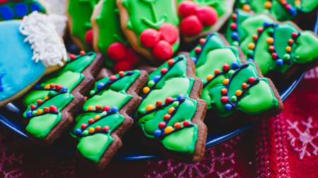 Close-up of beautifully decorated gingerbread Christmas cookies made to look like lit-up Christmas trees on a platterの写真素材