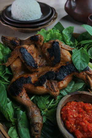 Grilled chicken with basil leaves and spicy tomato sauce, Thai foodの写真素材