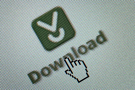 Close-up of an interface computer download button and a hand mouse cursor