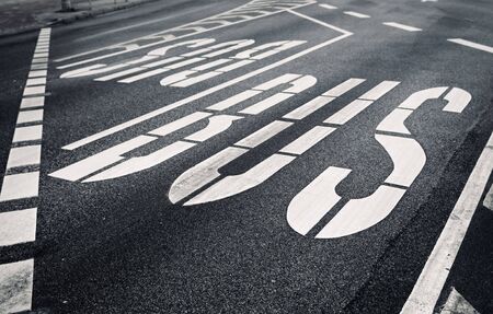 Close up of a city boulevard asphalt with traffic designationの写真素材