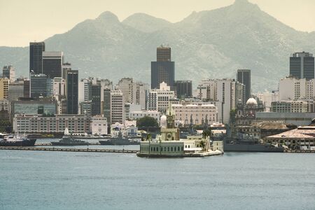 Palace on Ilha Fiscal in the harbour of Rio de Janeiro and downtown skyline at the background, Rio...