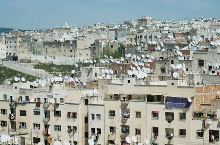 Sattelite dishes on rooftops of houses in old town of Fes El Bali, Old Medinaの写真素材