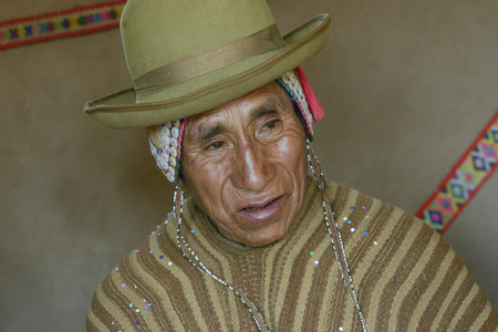 Portrait of a Native Peruvian man wearing typical andean robe, Paru Paru indigenous community, Andes Mountains. October 22, 2-12 - Paru Paru, Peruのeditorial素材