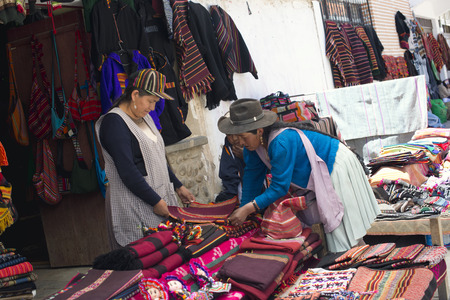 Hand Weawed Textiles at the Tarabuco Market, Bolivia. October 7, 2012 - Tarabuco, Sucre, Boliviaのeditorial素材