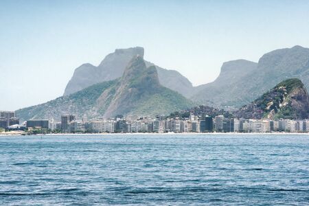 View toward Copacabana beach and the mountainous landscape in Rio de Janeiro, Brazilの写真素材