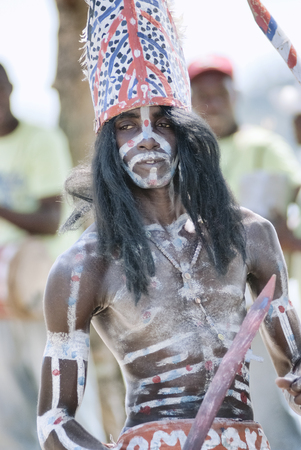 Los Tainos, the re-enactment of the original African slaves who were brought to the Dominican Republic and became part of the Dominican heritage. February 16, 2010 - Samana, Dominican Republicのeditorial素材