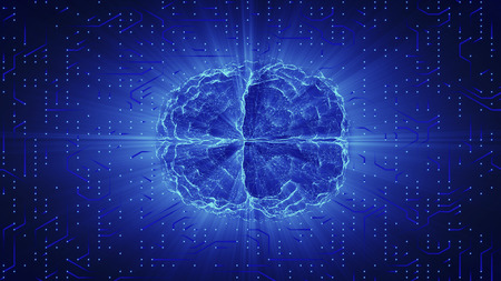 Blue glowing brain wired on neural surface or electronic conductors. Artificial intelligence (AI) and High Tech Concept.の写真素材