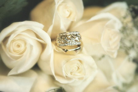 Wedding rings on soft blurred roses backgroundの写真素材