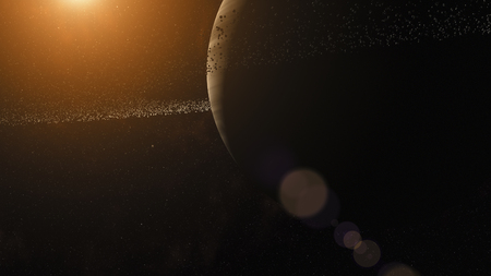 Gas giant with ring sysstem of ice particles. Outer Space, Cosmic Art and Science Fiction Concept.の写真素材