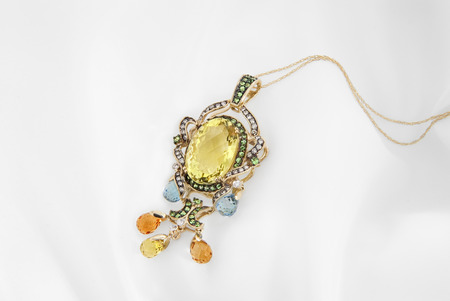 Gold Pendant With Lemon Quartz And Diamondsの写真素材