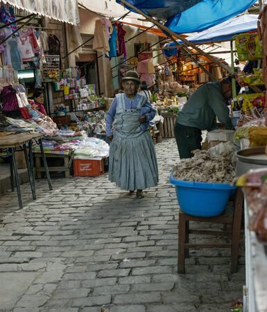 October 13, 2012 - Sud Yungas, Bolivia: Indigenous Woman Walking At The Market In Chulumaniのeditorial素材