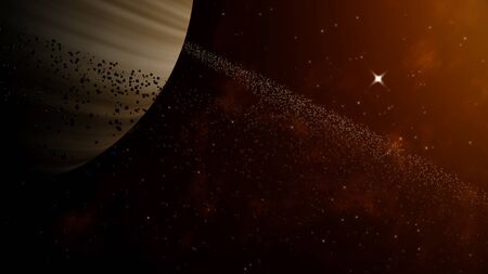 Gas Giant With Ring Of Ice Particles. Red Solar Wind And Stars At The Background