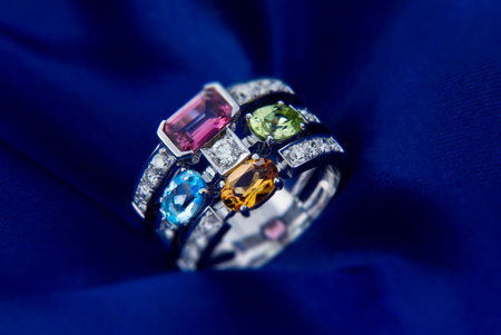 White Gold Ring With Citrine Peridot, Blue Topaz, Pink Tourmaline And Diamondsの写真素材