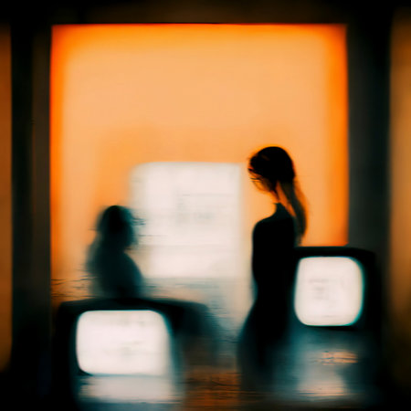 Abstract Blurred Background with a Standing Woman a Sitting Man Against an Orange Background