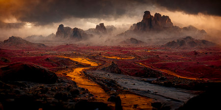 Dark Gloomy Clouds over Red and Yellow Muddy Landscape and Rocky Mountainsの素材