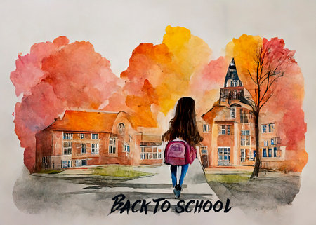 Back To School Theme. Girl with Backpack is Going to Schoolの素材
