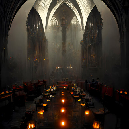 Spooky Dark Gothic Cathedral Interior. Halloween Vintage Background. Occult, Esoteric, Divination and Wicca Conceptの素材