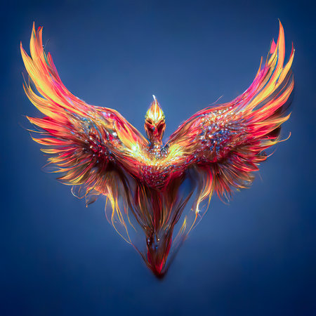 Fire Bird Phoenix on Blue Backgroundの素材