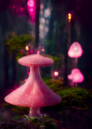 Glowing Mushrooms and Trees in an Enchanted Magical Forestの素材