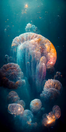 School of Glowing Bioluminescent Jellyfishの素材