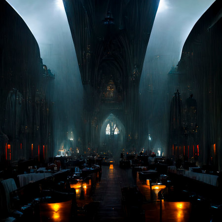 Satanic Gothic Cathedral Interior. Halloween Vintage Background. Occult, Esoteric, Divination and Wicca Conceptの素材