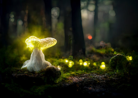 Glowing Fairy and Mushrooms in an Enchanted Magical Forestの素材