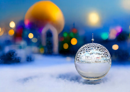 Christmas Glass Balls on Snow Covered Background with Glowing Bokehの素材