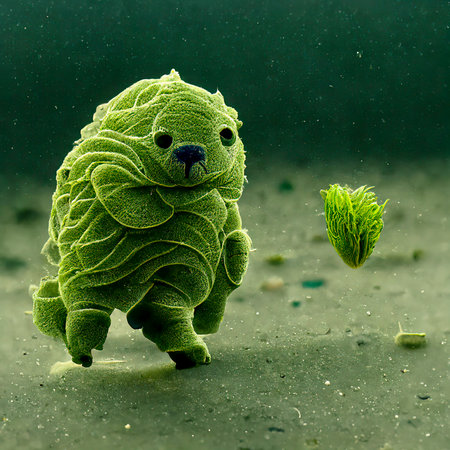 A Cute Microscopic Tardigrade Going for a Stroll Through Some Algaeの素材