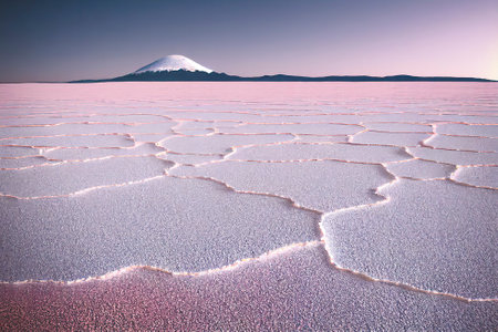 Natural Salt Flats Desert and a Snow Capped Dormant Volcano at Duskの素材
