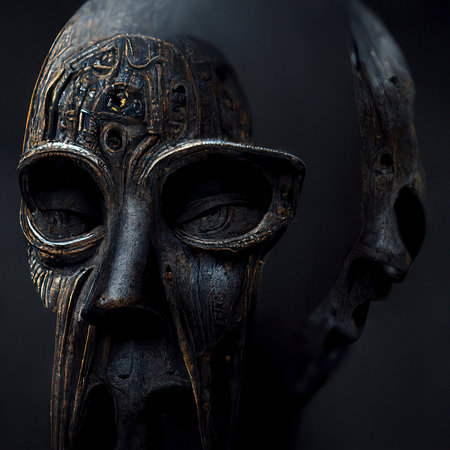 Close up of an Ancient Dark Wood Chinese Mask with Intricately Carved Detailsの素材