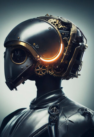 Close up Portrait of a Cyberpunk Cyborg with a Glowing Helmetの素材