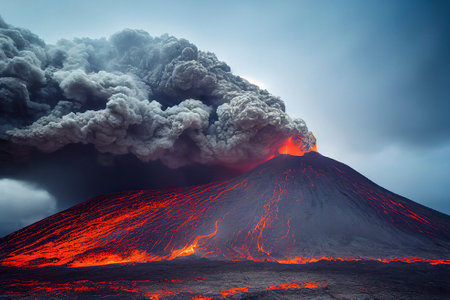 Erupting Volcano with Pyroclastic Flow and Lava Flowing Downhill the Mountainの素材