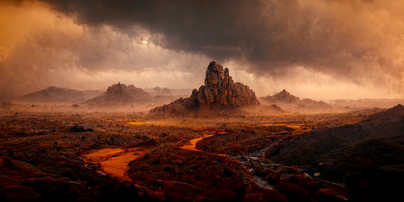 Dark Gloomy Clouds over Red Muddy Landscape and Rocky Mountainsの素材