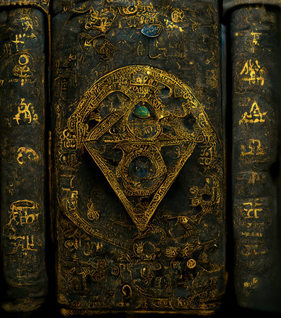 Ancient Magic Book with Glowing Spells and Runes. Occult, Esoteric, Divination and Wicca Concept. Halloween Vintage Backgroundの素材