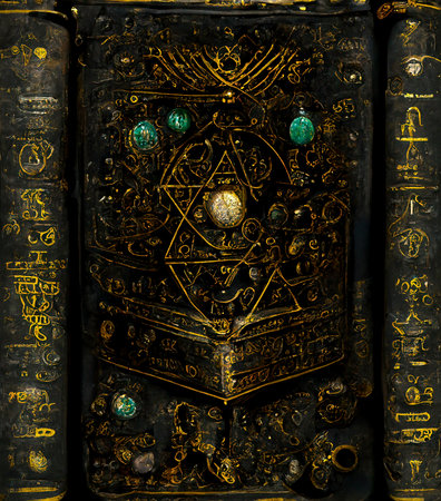 Ancient Book with Glowing Magic Spells and Runes. Occult, Esoteric, Divination and Wicca Concept. Halloween Vintage Backgroundの素材