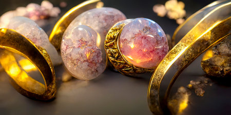 Jewelry Background with a Gold Rings and Rose Quartz Stonesの素材