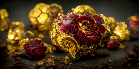 Vintage Background with Deep Red Roses and Petals Covered with Gold Dustの素材