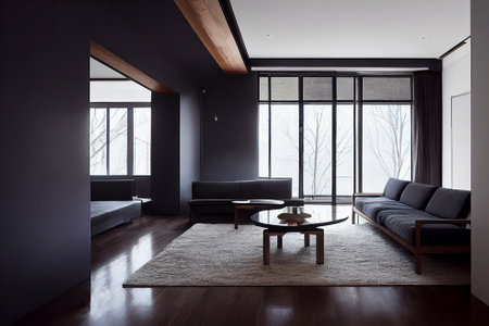 Spacious, Double Hight Modern Living Room with Floor to Ceiling Windowsの素材